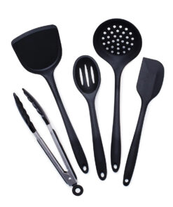 5-piece black silicone kitchen utensil set with stainless steel handles