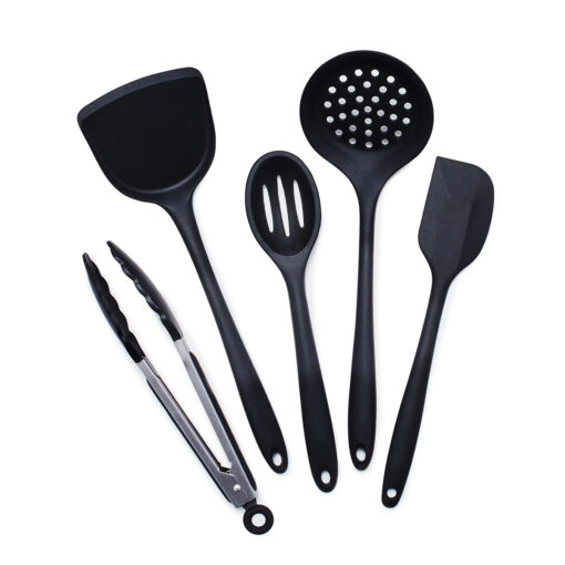 5-piece black silicone kitchen utensil set with stainless steel handles