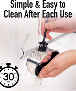 Garlic press set displayed on kitchen counter with garlic cloves