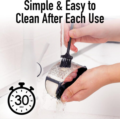 Garlic press set displayed on kitchen counter with garlic cloves