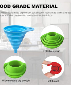 Colorful silicone kitchen funnels on kitchen counter with ingredients