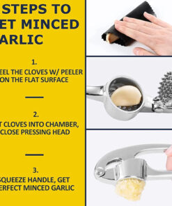 Open garlic press showing hinge and built-in cleaner for easy cleaning