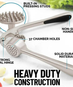 Close-up of heavy-duty zinc alloy garlic press handle and ergonomic design