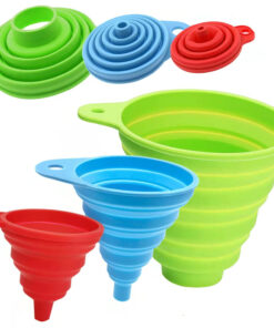 Set of 3 collapsible silicone kitchen funnels in assorted sizes and colors