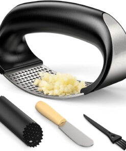 Stainless steel arc garlic press set with silicone peeler and cleaning brush