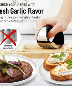 Close-up of arc-shaped garlic press crushing garlic cloves