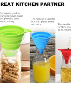 Pouring oil into a bottle using large collapsible silicone funnel