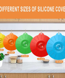 Reusable silicone food lids placed on kitchen counter with cookware